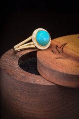 Shown here is The "Terra", a halo-style Turquoise women's engagement ring with delicate and ornate details and is available with many center stone options-Turquoise Engagement Ring for Women - Split Shank Engagement Ring - Staghead Designs