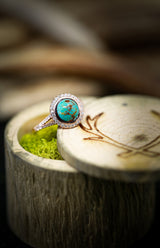 Shown here is  A split shank halo-style turquoise women's engagement ring with delicate and ornate details and is available with many center stone options-ROUND TURQUOISE ENGAGEMENT RINGS WITH DIAMOND HALO & DIAMOND BAND (available in 14K rose, white or yellow gold) - Staghead Designs - 