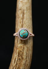 ROUND TURQUOISE ENGAGEMENT RINGS WITH DIAMOND HALO & DIAMOND BAND (available in 14K rose, white or yellow gold) - Staghead Designs - Antler Rings By Staghead Designs