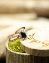 TEAR DROP CHATHAM ALEXANDRITE & DIAMOND HALO ENGAGEMENT RING SET ON A 14K GOLD SPLIT SHANK BAND (available in 14K yellow, rose, or white gold) - Staghead Designs - Antler Rings By Staghead Designs