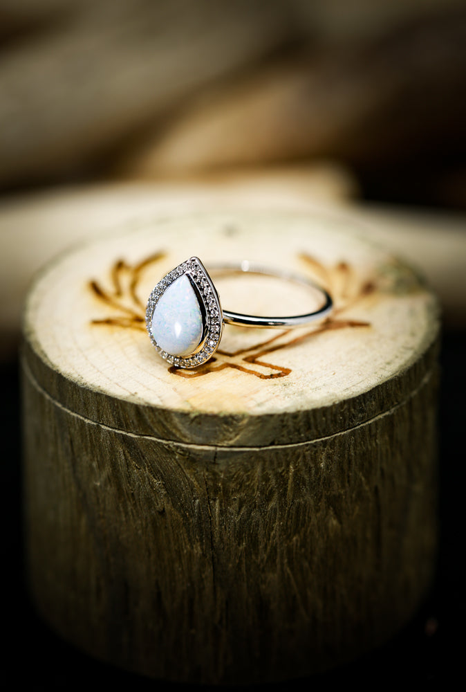  Shown here is  The "Terra", a halo-style Opal women's engagement ring with delicate and ornate details and is available with many center stone options-"TERRA" IN PEAR SHAPED OPAL WITH DIAMOND HALO ON 14K GOLD (available in 14K white, rose, or yellow gold) - Staghead Designs - 