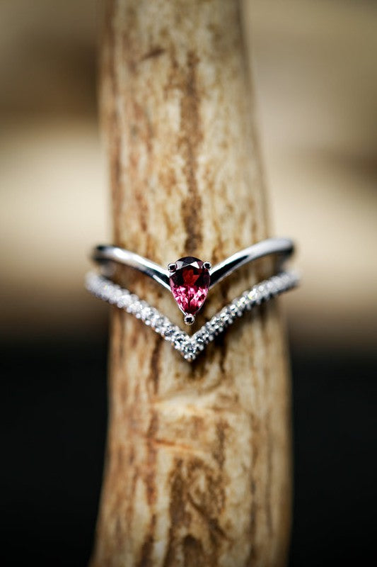 Shown here is A v-shaped pink tourmaline women's engagement ring with delicate and ornate details and is available with many center stone options-WOMEN'S ENGAGEMENT RING WITH PINK TOURMALINE AND DIAMONDS (available in 14K white, yellow & rose gold) - Staghead Designs - Antler Rings By Staghead Designs