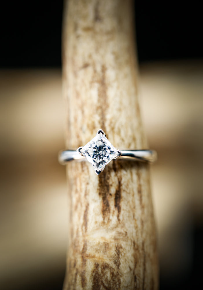 14K GOLD SOLITAIRE RING WITH 1ct PRINCESS CUT MOISSANITE STONE & ANTLER RING GUARD (available in 14K rose, yellow, or white gold) - Staghead Designs - Antler Rings By Staghead Designs