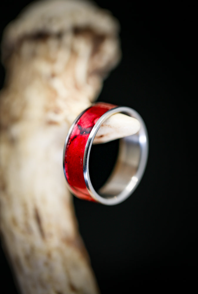 Red patina copper  "Rainier" ! "Rainier" is a custom, handcrafted men's wedding ring featuring a red patina copper inlay. Additional inlay options are available upon request.