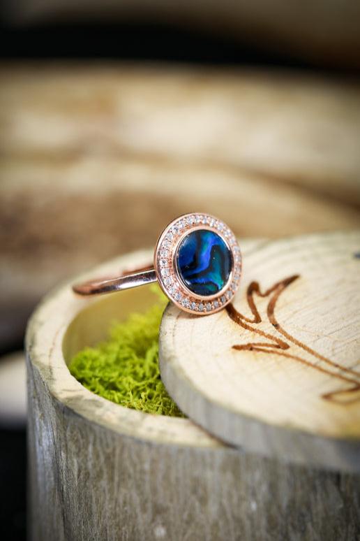 "TERRA" - ROUND PAUA SHELL ENGAGEMENT RING WITH DIAMOND HALO-7