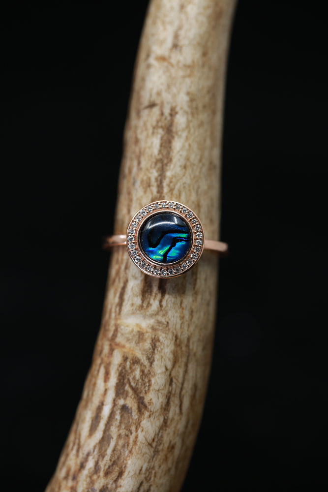 "TERRA" 14K GOLD WITH PAUA SHELL & DIAMOND HALO (available in 14K rose, white or yellow gold) - Staghead Designs - Antler Rings By Staghead Designs
