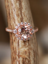 Shown here is The "Ophelia", a halo-style morganite women's engagement ring with delicate and ornate details and is available with many center stone options-"OPHELIA" IN MORGANITE & TWO-TONE 14K GOLD ENGAGEMENT RING (available in 14K white, yellow & rose gold) - Staghead Designs - Antler Rings By Staghead Designs