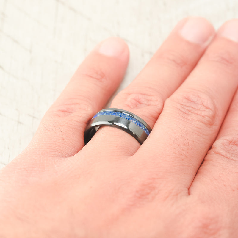 Shown here, Vertigo, a custom, handcrafted men's wedding ring featuring a beautiful mixture of lapis lazuli and fire & ice opal inlay. Additional inlay options are available upon request.