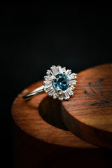 "BELLADONNA" - ROUND CUT MONTANA SAPPHIRE ENGAGEMENT RING WITH DIAMOND HALO & TRACER