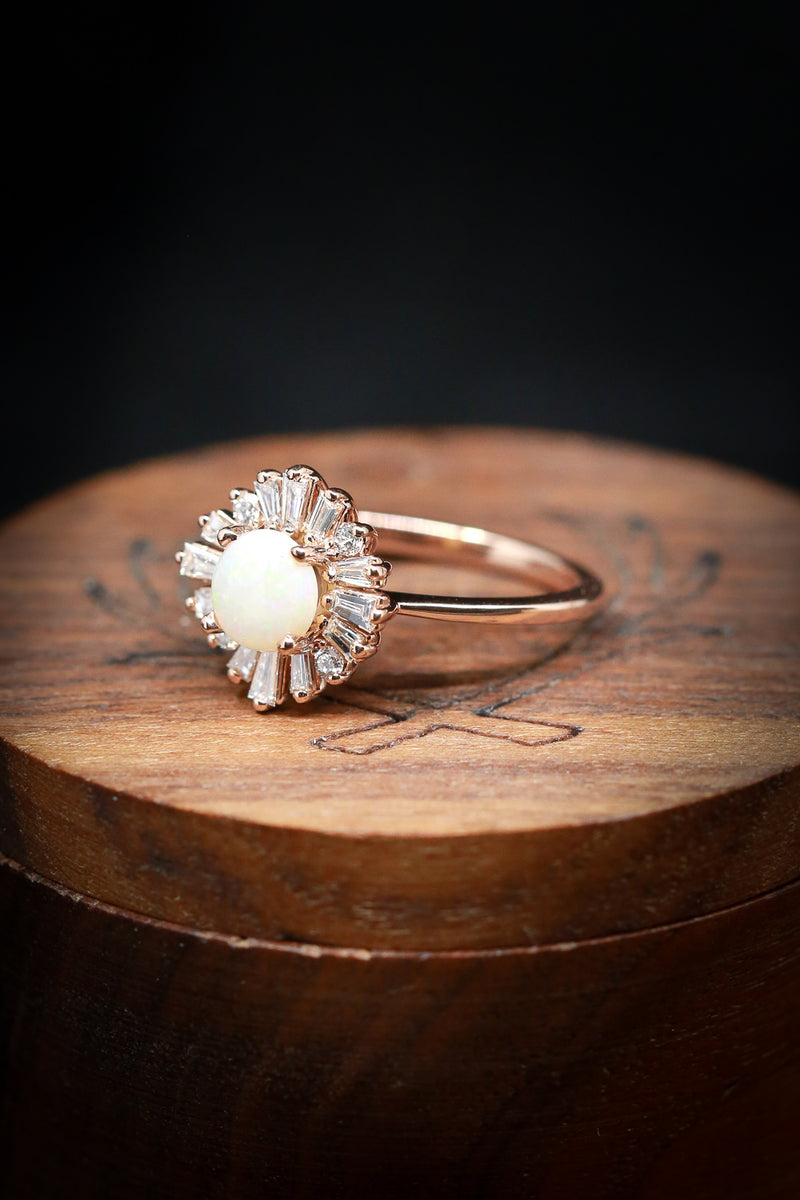 "BELLADONNA" - ROUND CUT OPAL ENGAGEMENT RING WITH DIAMOND HALO
