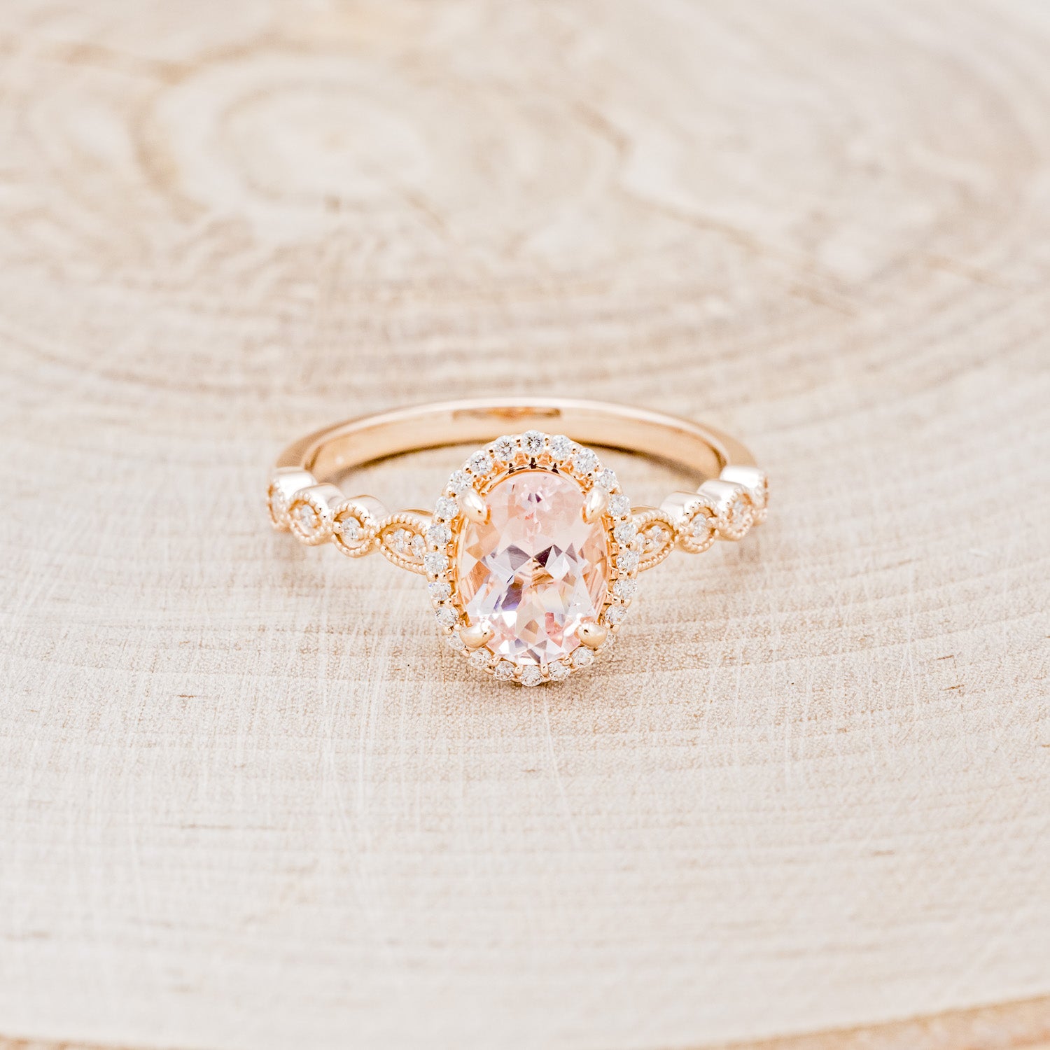 OVAL MORGANITE ENGAGEMENT RING WITH SCALLOP BAND & DIAMOND ACCENTS-4
