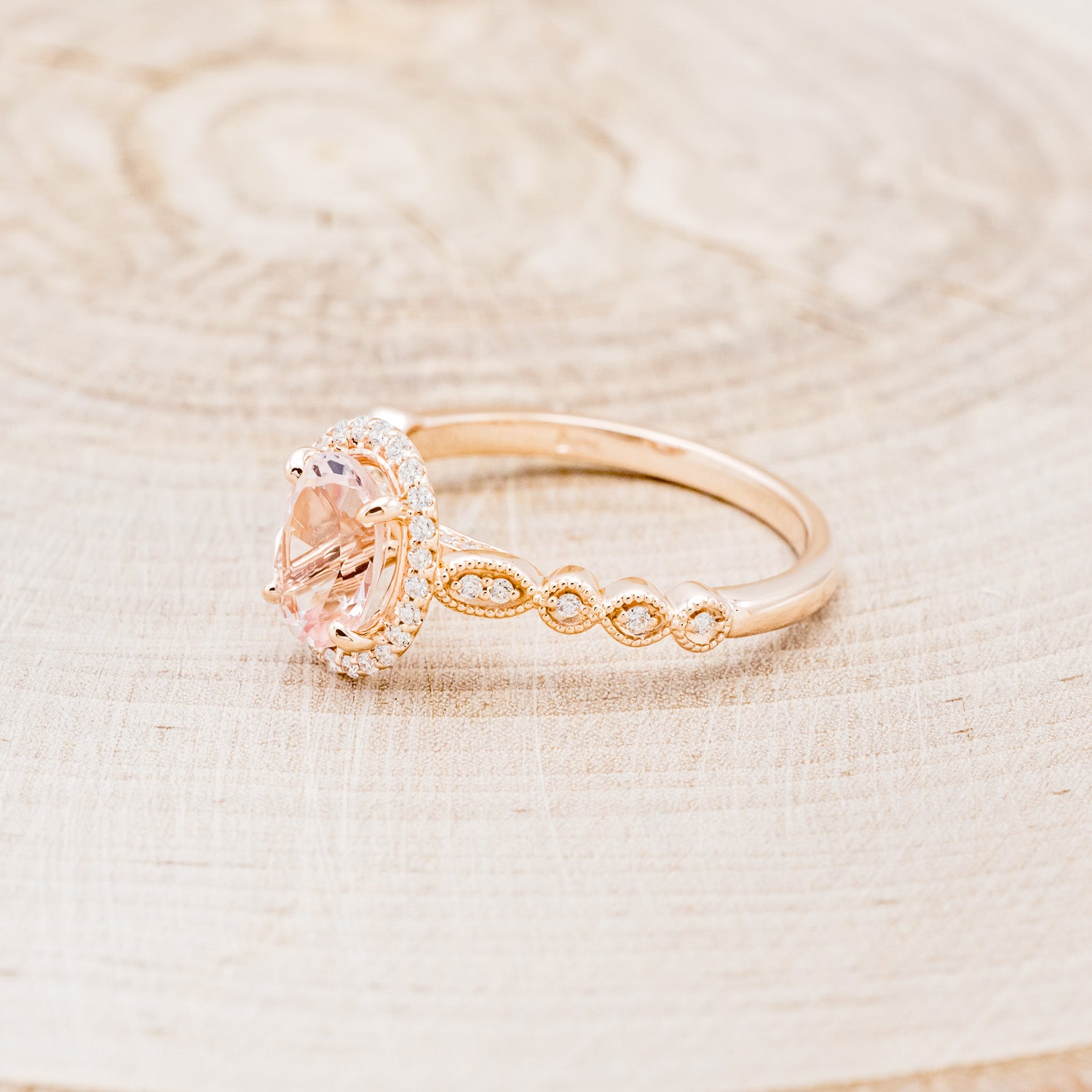 OVAL MORGANITE ENGAGEMENT RING WITH SCALLOP BAND & DIAMOND ACCENTS-3