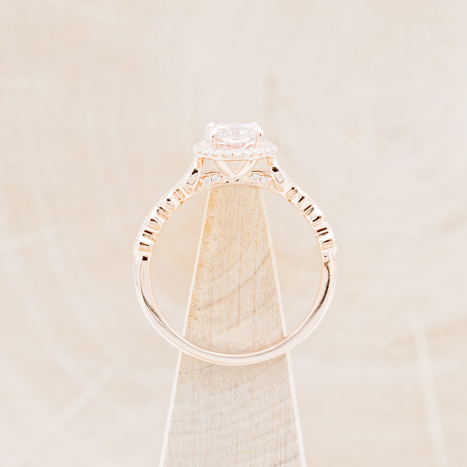 OVAL MORGANITE ENGAGEMENT RING WITH SCALLOP BAND & DIAMOND ACCENTS-5