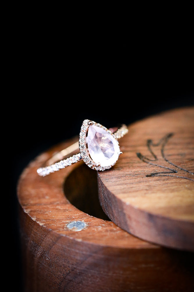 PEAR SHAPED ROSE QUARTZ WITH DIAMOND HALO (available in 14K white, rose, or yellow gold) - Staghead Designs - Antler Rings By Staghead Designs
