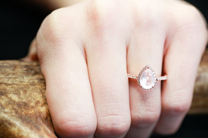 PEAR SHAPED ROSE QUARTZ WITH DIAMOND HALO (available in 14K white, rose, or yellow gold) - Staghead Designs - Antler Rings By Staghead Designs