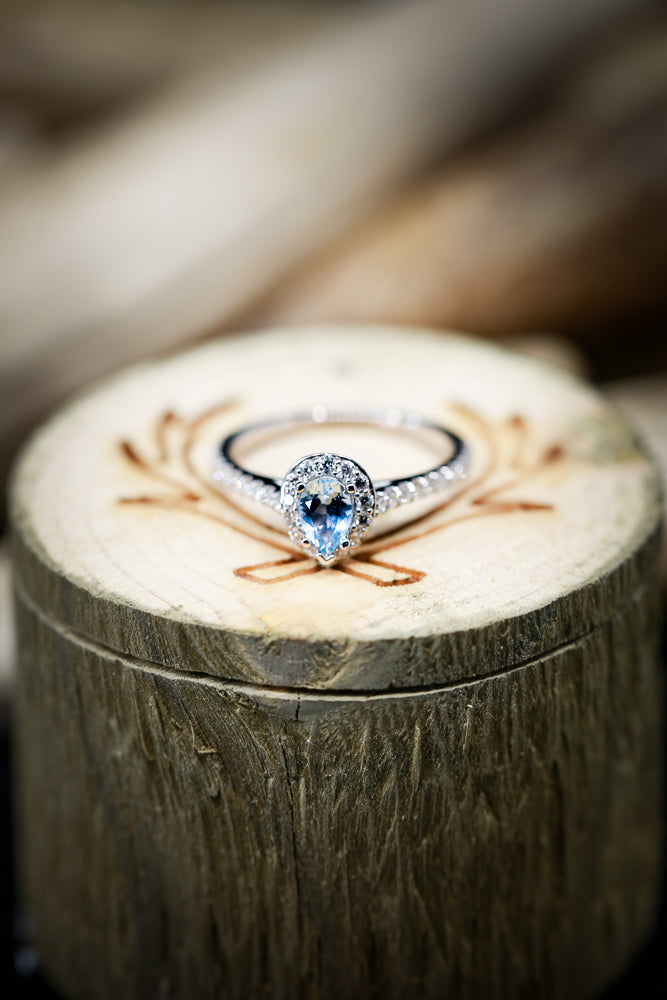 PEAR SHAPED AQUAMARINE ENGAGEMENT RING WITH DIAMOND HALO & ACCENT BAND (available in 14K rose, white, or yellow gold) - Staghead Designs - Antler Rings By Staghead Designs