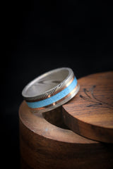 "KALDER" - TURQUOISE & 14K GOLD INLAYS WEDDING RING FEATURING A DAMASCUS STEEL BAND