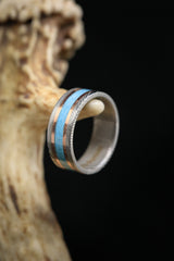 "KALDER" - TURQUOISE & 14K GOLD INLAYS WEDDING RING FEATURING A DAMASCUS STEEL BAND