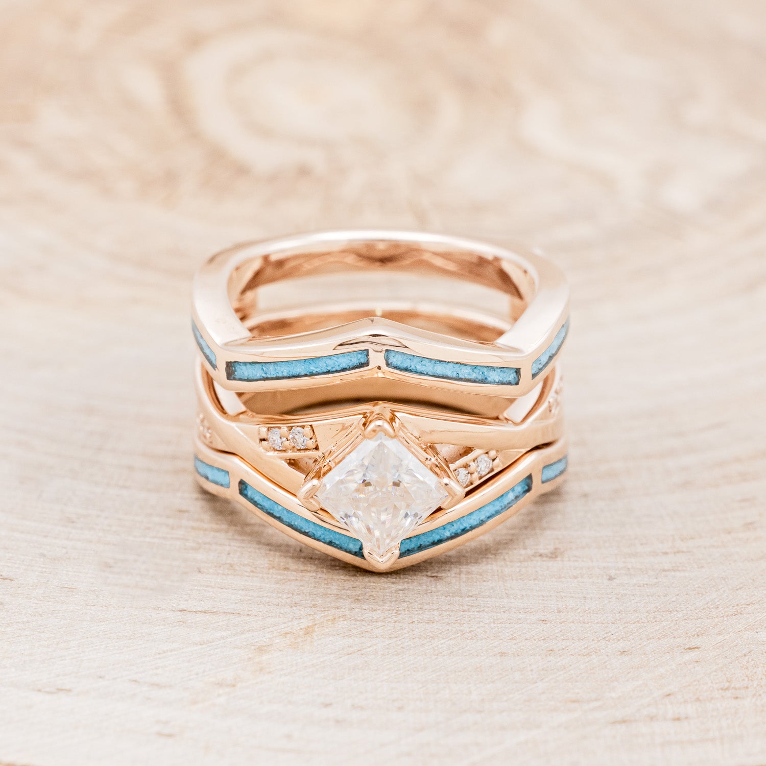 "LINA" - PRINCESS CUT MOISSANITE ENGAGEMENT RING WITH DIAMOND ACCENTS & TURQUOISE RING GUARD-4