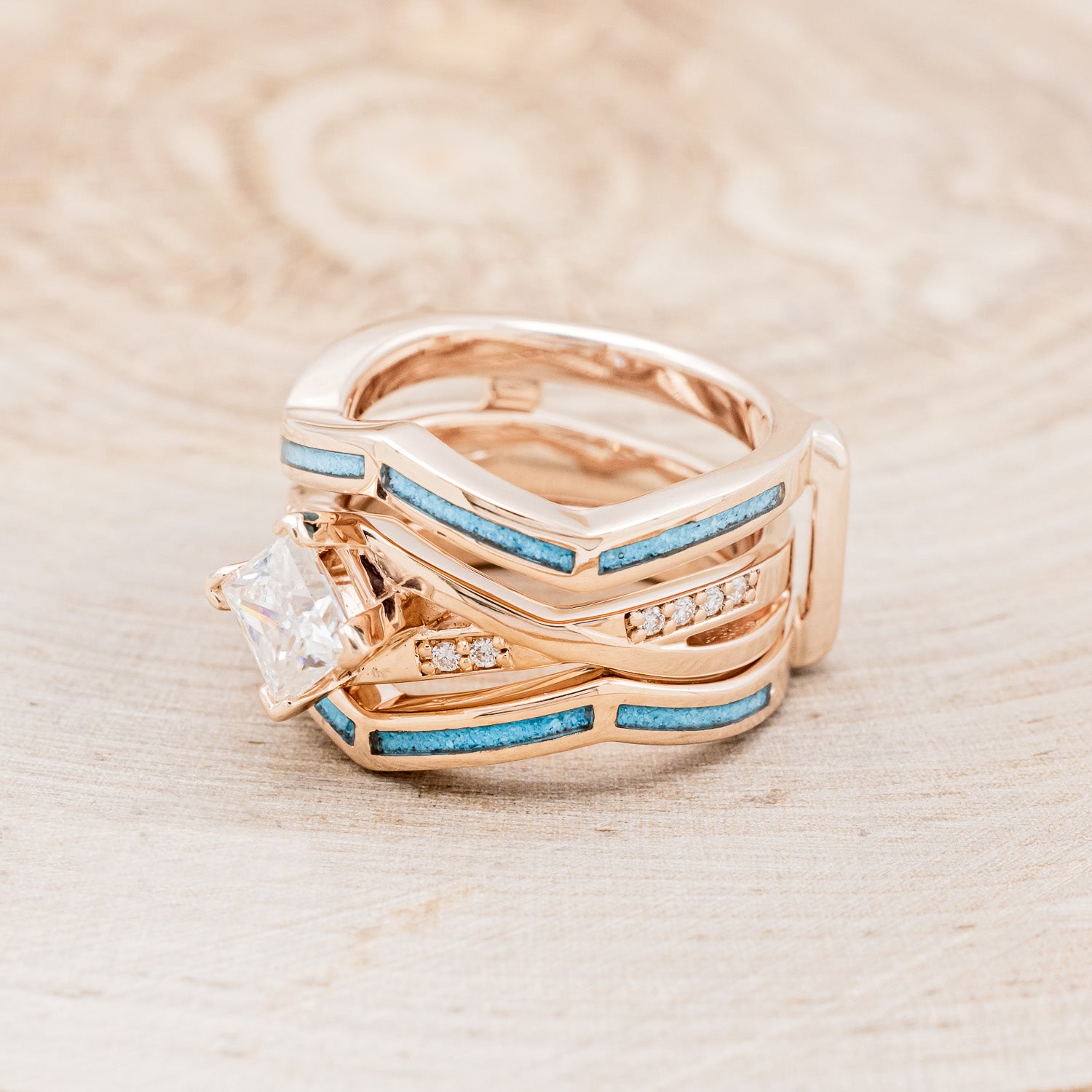 "LINA" - PRINCESS CUT MOISSANITE ENGAGEMENT RING WITH DIAMOND ACCENTS & TURQUOISE RING GUARD-3