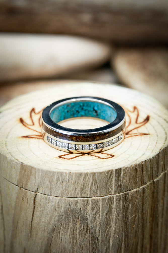 "MEMPHIS" - WALNUT WOOD, DIAMONDS WEDDING RING WITH A TURQUOISE LINED BAND