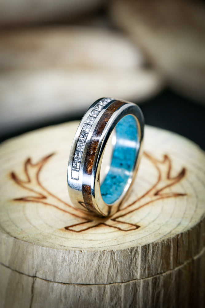 "MEMPHIS" - WALNUT WOOD, DIAMONDS WEDDING RING WITH A TURQUOISE LINED BAND