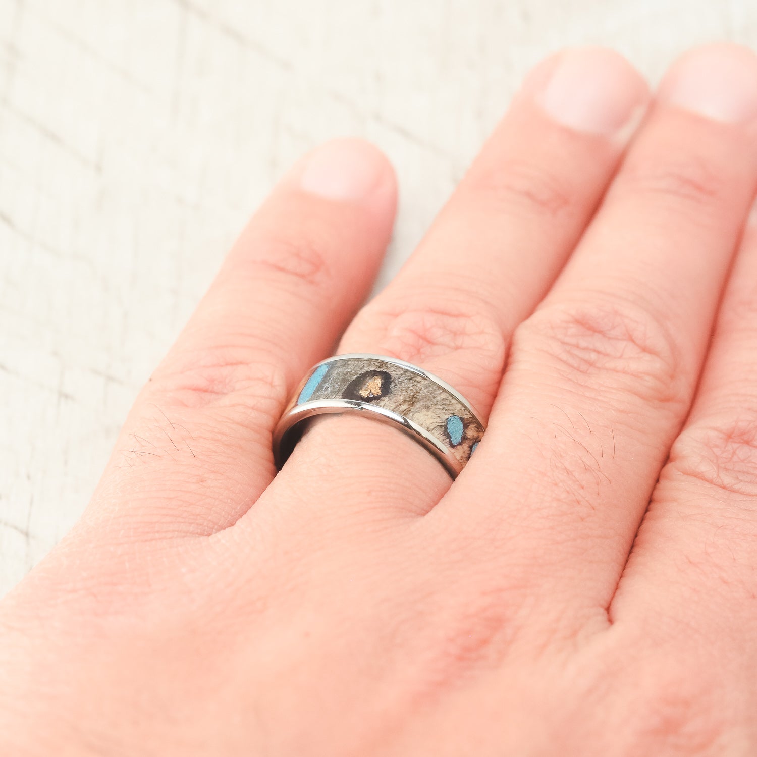 "RAINIER" - BUCKEYE BURL WOOD, GOLD NUGGETS & TURQUOISE WEDDING BAND - READY TO SHIP-10