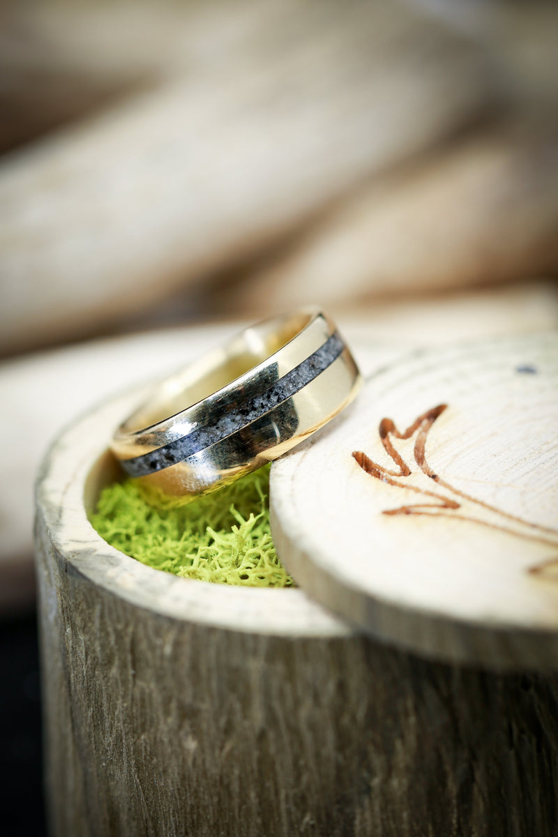 Shown here is "Vertigo", a custom, handcrafted men's wedding ring featuring a 14K yellow gold base with an offset granite inlay. Additional inlay options are available upon request.-Gold And Granite Mens Wedding Ring Offset Inlay - Staghead Designs 
