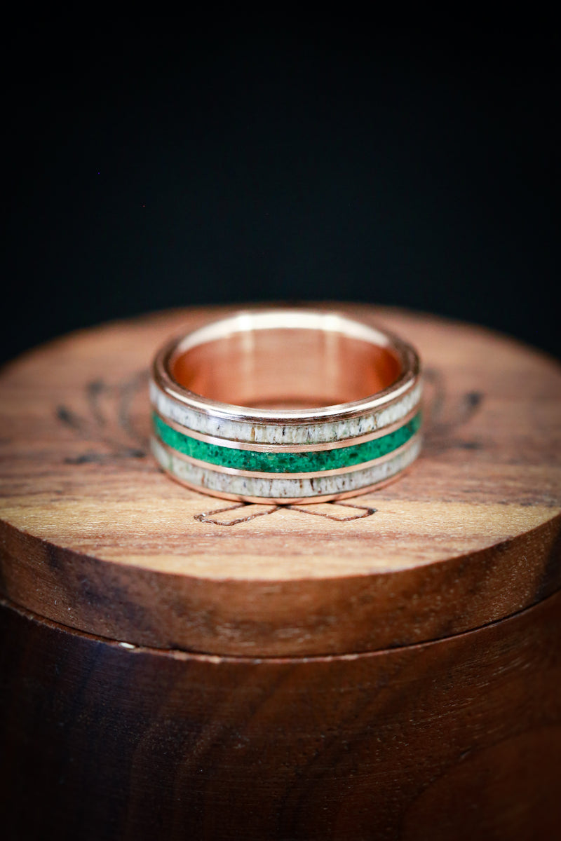 Malachite Stone And Antler Ring Gold Mens Wedding Band - Staghead Designs