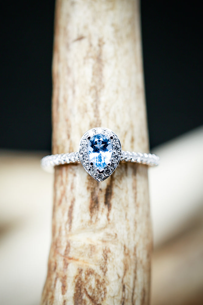 PEAR SHAPED AQUAMARINE ENGAGEMENT RING WITH DIAMOND HALO & ACCENT BAND (available in 14K rose, white, or yellow gold) - Staghead Designs - Antler Rings By Staghead Designs
