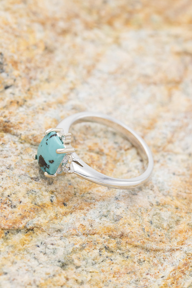 Side View of "ZELLA" - Handcrafted Emerald Cut Turquoise Engagement Ring With Diamond Accents