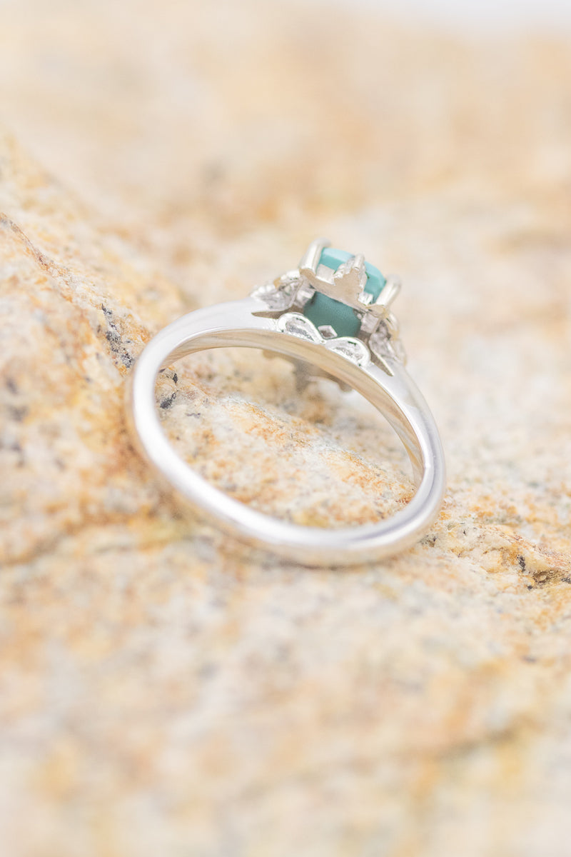 Back View of "ZELLA" - Handcrafted Emerald Cut Turquoise Engagement Ring With Diamond Accents