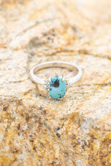 Shown Here is The "ZELLA", An Emerald Cut Turquoise Engagement Ring With Diamond Accents