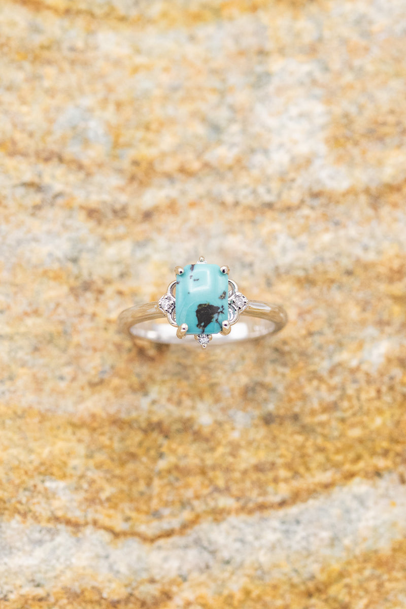 "ZELLA" - Handcrafted Emerald Cut Turquoise Engagement Ring With Diamond Accents