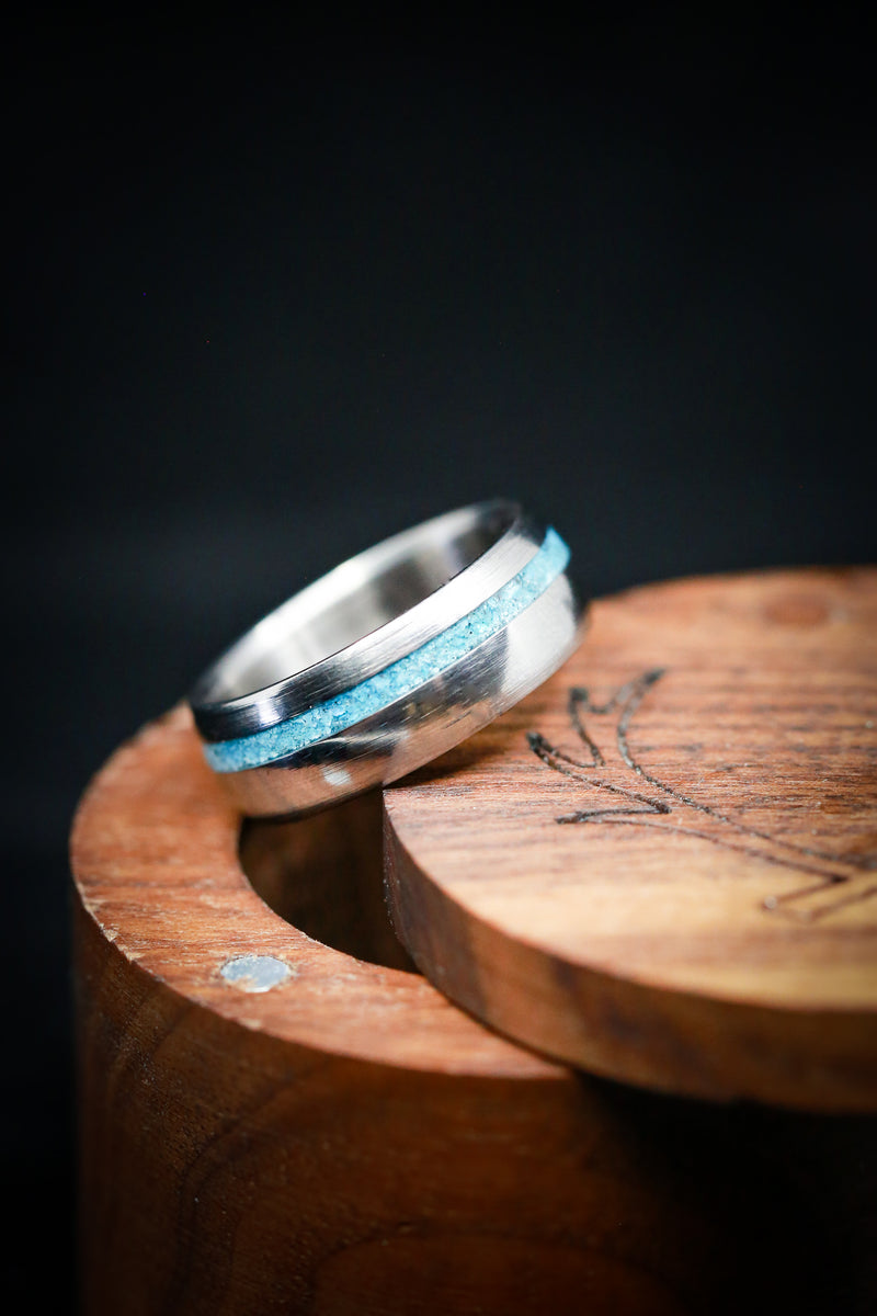 DOMED "VERTIGO" WITH OFFSET TURQUOISE INLAY (available in titanium, silver, black zirconium, damascus steel & 14K white, rose or yellow gold) - Staghead Designs - Antler Rings By Staghead Designs