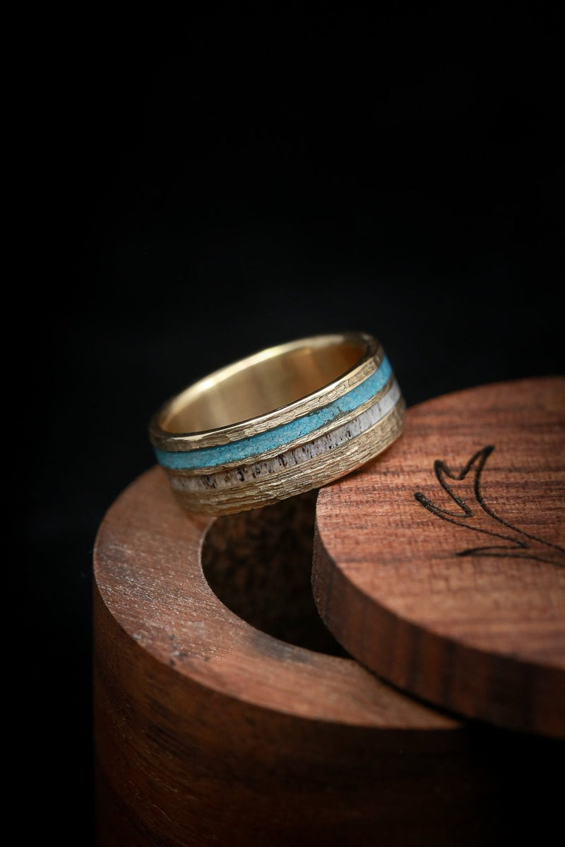 "COSMO" - ANTLER & TURQUOISE WEDDING RING WITH A HAMMERED FINISH-11