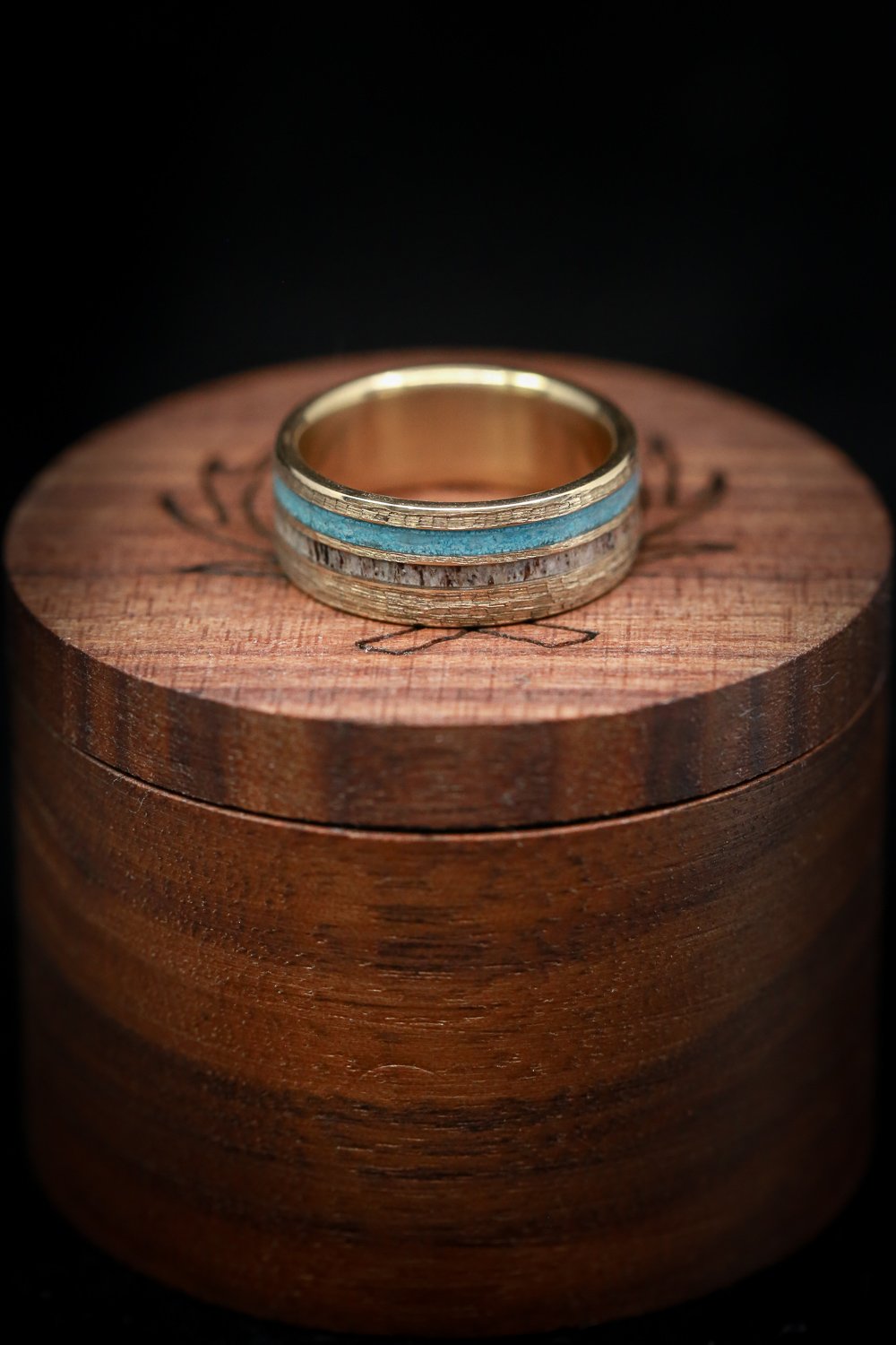 "COSMO" - ANTLER & TURQUOISE WEDDING RING WITH A HAMMERED FINISH-12