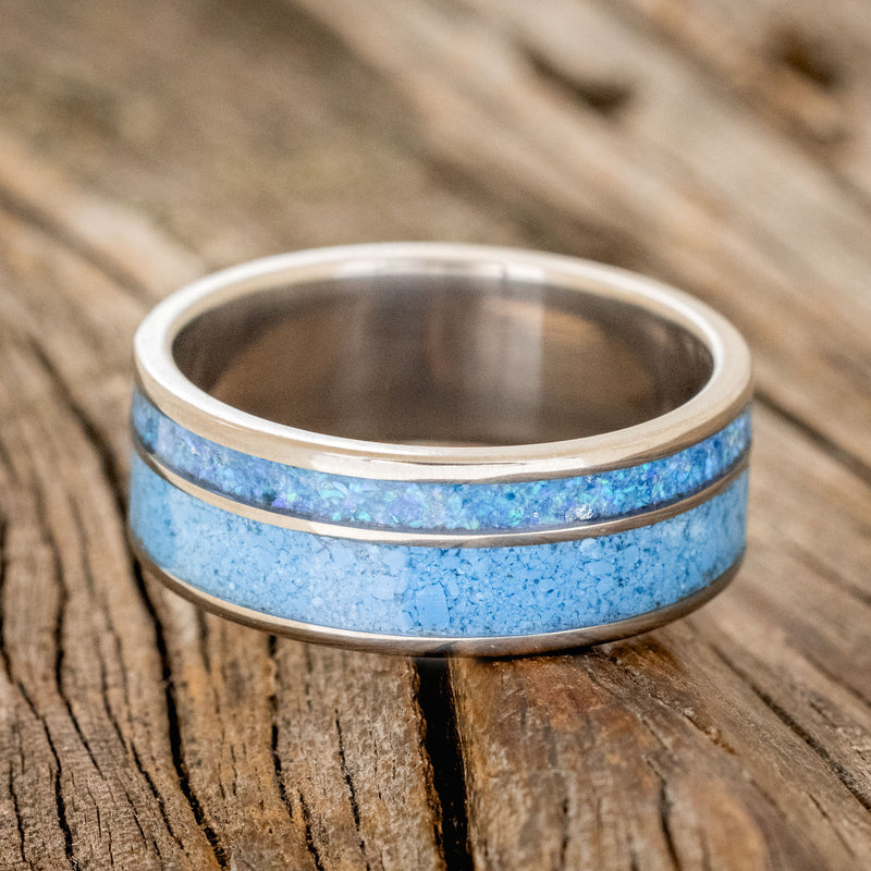 "RAPTOR" - TURQUOISE & BLUE OPAL WEDDING BAND - READY TO SHIP
