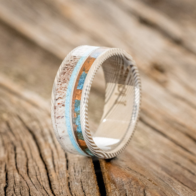 "ELEMENT" - PATINA COPPER, ANTLER & TURQUOISE WEDDING BAND - READY TO SHIP-7