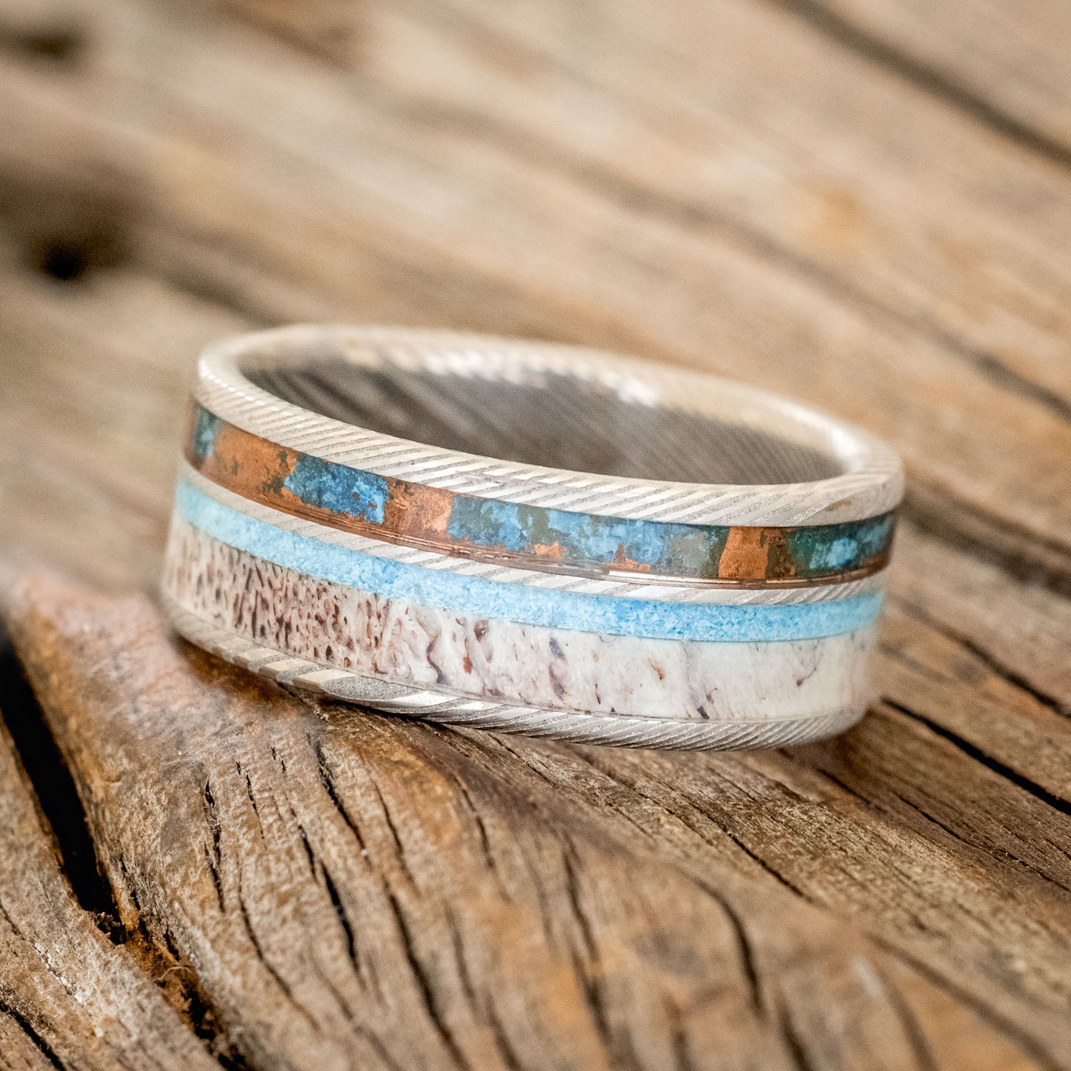 "ELEMENT" - PATINA COPPER, ANTLER & TURQUOISE WEDDING BAND-8