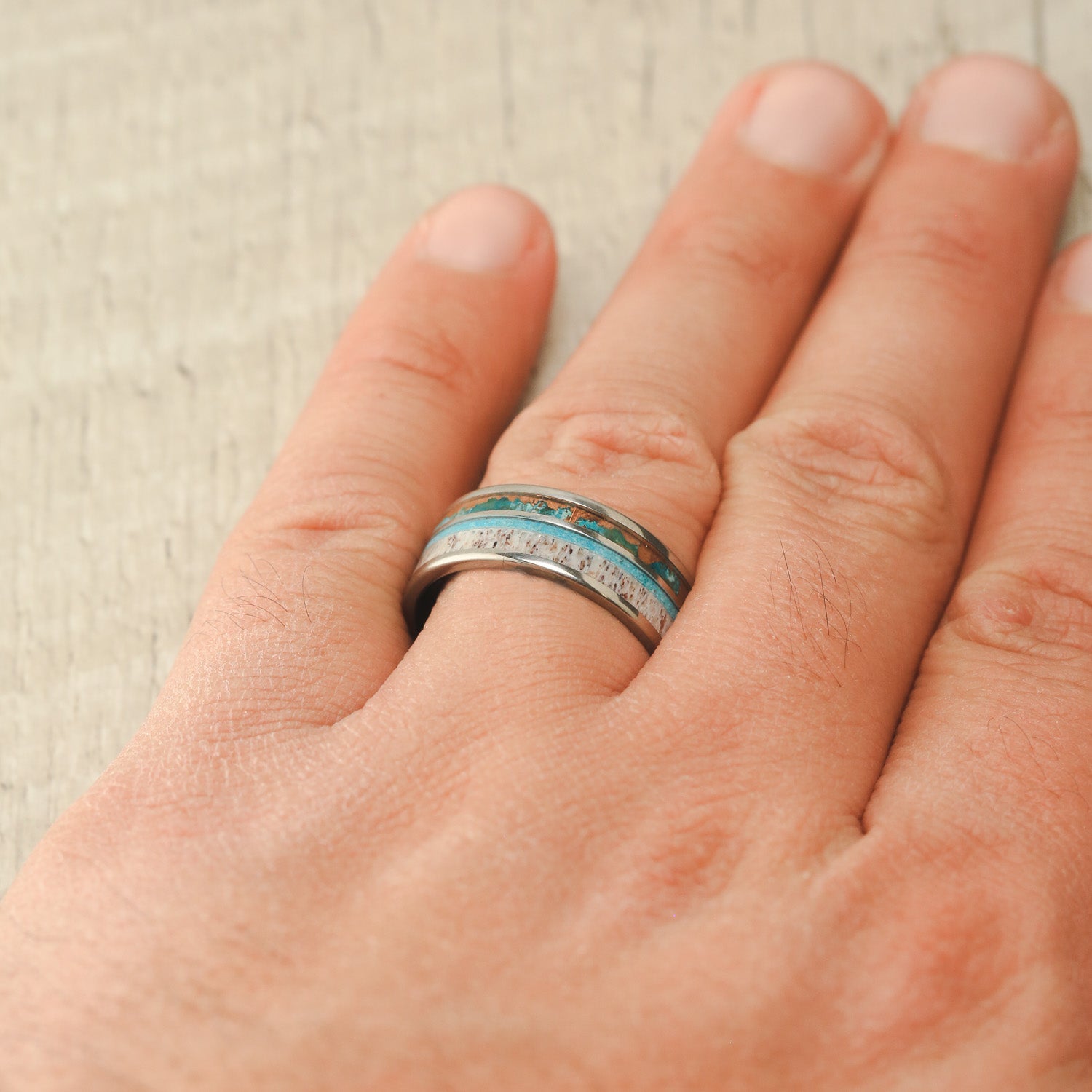 "ELEMENT" - PATINA COPPER, ANTLER & TURQUOISE WEDDING BAND-19