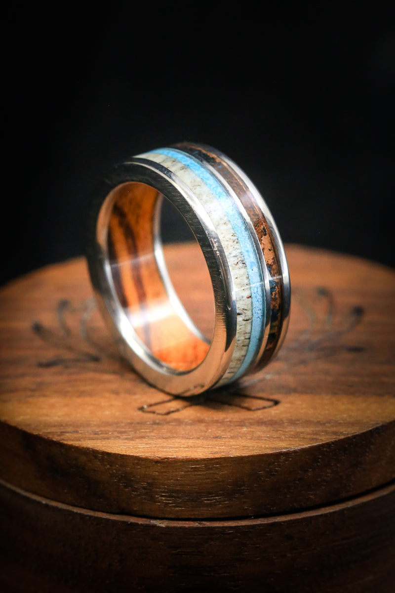 "ELEMENT" - WHISKEY BARREL OAK LINING WITH PATINA COPPER, ANTLER & TURQUOISE INLAYS WEDDING RING