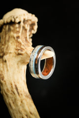 "ELEMENT" - WHISKEY BARREL OAK LINING WITH PATINA COPPER, ANTLER & TURQUOISE INLAYS WEDDING RING