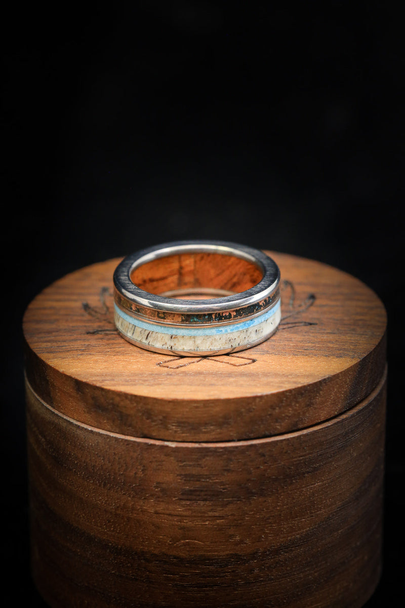 "ELEMENT" - PATINA COPPER, ANTLER & TURQUOISE WEDDING RING WITH IRONWOOD LINING - READY TO SHIP-10