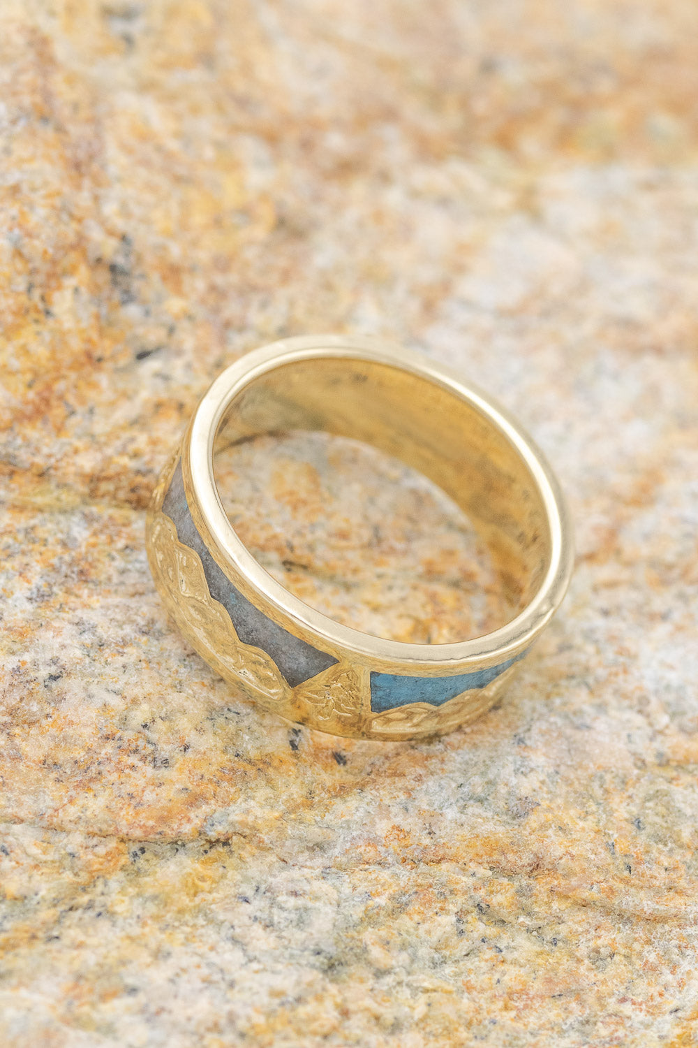 "SUMMIT" - MOUNTAIN RANGE ENGRAVED RING WITH TURQUOISE & LARIMAR INLAYS-3