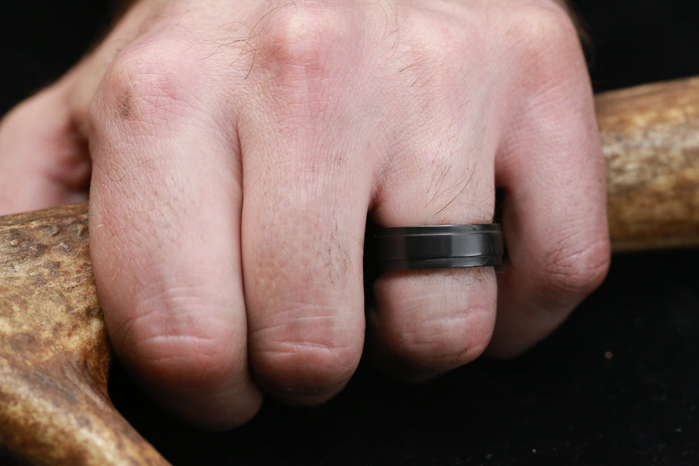 "SEDONA" - RAISED CENTER WEDDING BAND WITH WHISKEY BARREL LINING-17