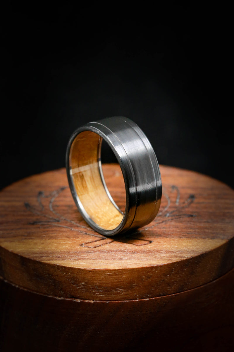 "SEDONA" - WHISKEY BARREL LINED WEDDING RING WITH A BRUSHED FINISH - READY TO SHIP-10