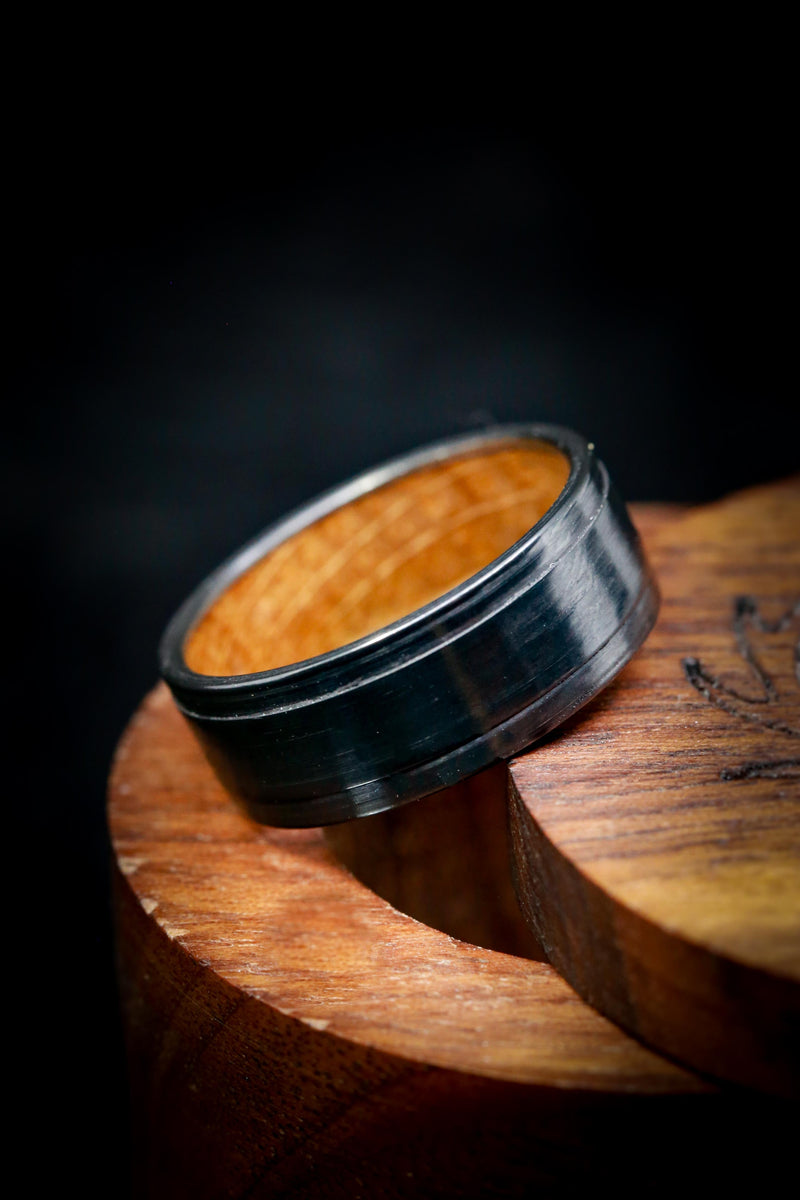 "SEDONA" - WHISKEY BARREL LINED WEDDING RING WITH A BRUSHED FINISH - READY TO SHIP-11