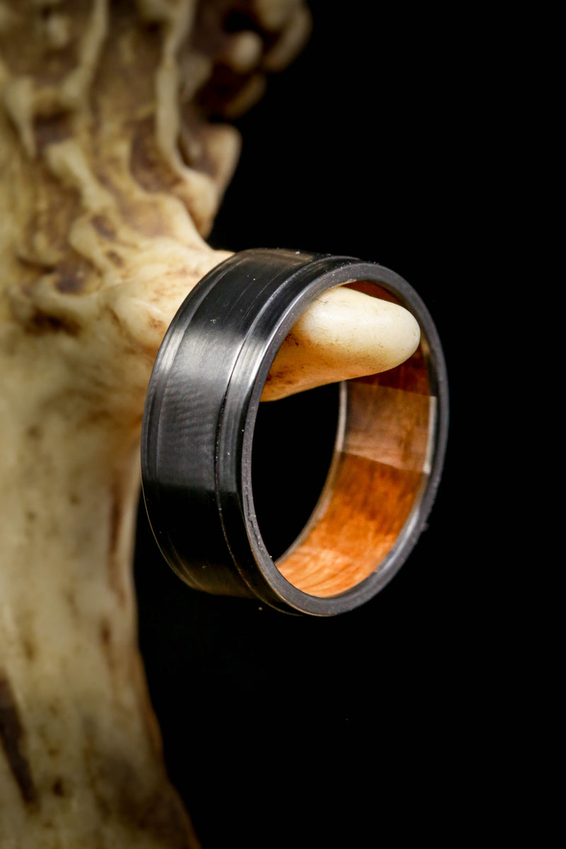 "SEDONA" - WHISKEY BARREL LINED WEDDING RING WITH A BRUSHED FINISH - READY TO SHIP-9