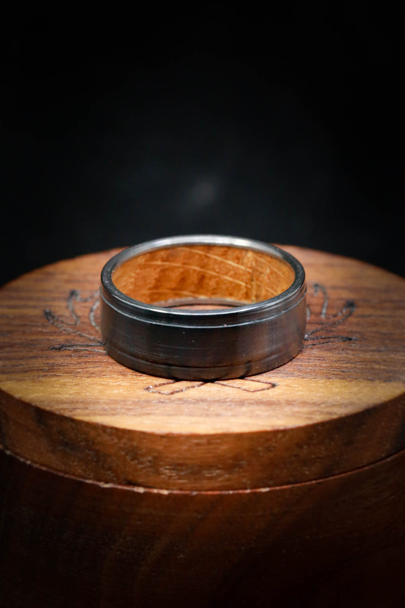 "SEDONA" - WHISKEY BARREL LINED WEDDING RING WITH A BRUSHED FINISH - READY TO SHIP-8